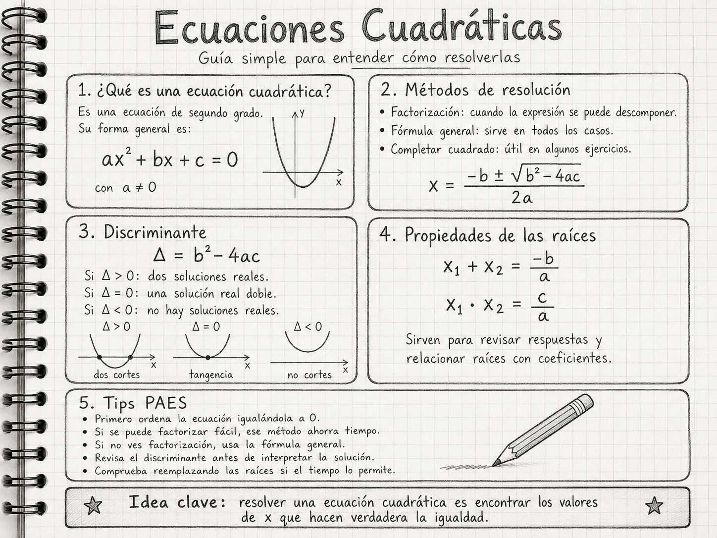 Guía visual Ecuaciones Cuadráticas: definición, métodos de resolución, discriminante y propiedades de raíces